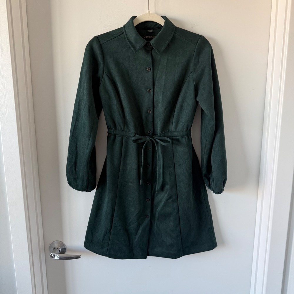 Calvin Klein emerald Green suede long button front jacket drawstring Size 4